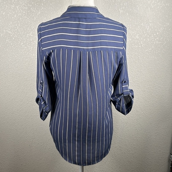 IZ Byer Blue Black & White Striped Button Down High Low Top Size XS - Picture 5 of 7